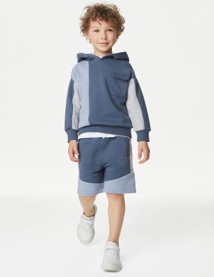 

Boys M&S Collection Cotton Rich Colour Block Hoodie & Shorts Set (2-8 Yrs) - Blue Mix, Blue Mix