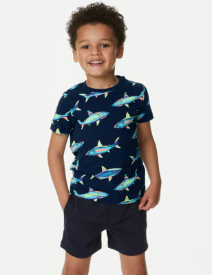 

M&S Collection Camiseta 100% algodón con diseño de tiburón (2-8 años) - Navy Mix, Navy Mix
