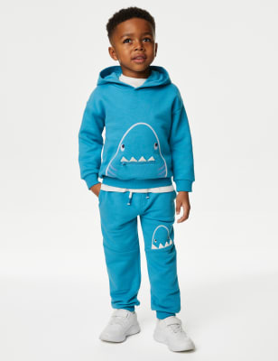 M&S Boys 2pc Cotton Rich Shark Top & Bottom Outfit (2-8 Yrs) - 3-4 Y - Blue Mix, Blue Mix