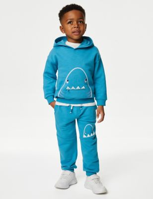 M&S Boys 2pc Cotton Rich Shark Top & Bottom Outfit (2-8 Yrs) - 3-4 Y - Blue Mix, Blue Mix