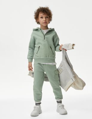 M&S Boys Cotton Rich Tracksuit (2-8 Yrs) - 3-4 Y - Willow Green, Willow Green,Grey