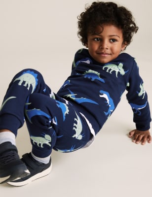 Jogging en coton biologique à motif dinosaure fluo (du 2 au 7 ans) - Navy