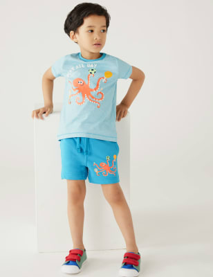 

M&S Collection Pantalón corto de algodón con diseño de pulpo (2-8 años) - Blue Mix, Blue Mix