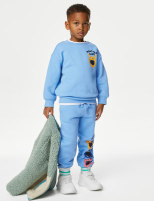 M&S Boys Cotton Rich Monster Joggers (2-8 Yrs) - 3-4 Y - Light Blue, Light Blue