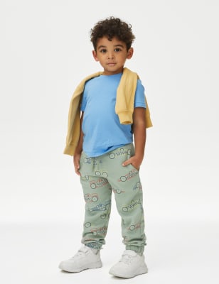 M&S Boys Cotton Rich Racing Car Joggers (2-8 Yrs) - 3-4 Y - Green Mix, Green Mix