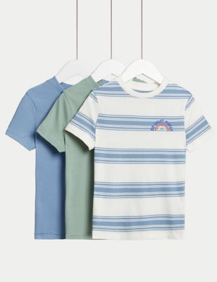 M&S Boys 3pk Pure Cotton Striped & Plain T-Shirts (2-8 Yrs) - 2-3 Y - Blue Mix, Blue Mix