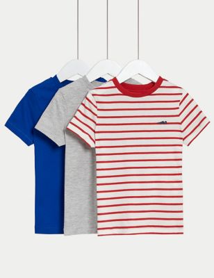 M&S Boys 3pk Cotton Rich Striped & Plain T-Shirts (2-8 Yrs) - 2-3 Y - Red Mix, Red Mix