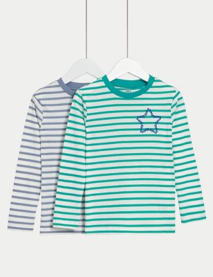 M&S Boys 2pk Pure Cotton Striped Tops (2-8 Yrs) - 7-8 Y - Green Mix, Green Mix