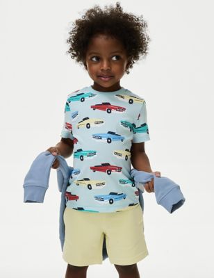 M&S Boys Pure Cotton Car Print T-Shirt (2-8 Yrs) - 2-3 Y - Light Turquoise, Light Turquoise