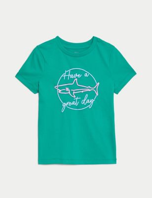 M&S Boy's Pure Cotton Shark Slogan T-Shirt (2-8 Yrs) - 2-3 Y - Green, Green