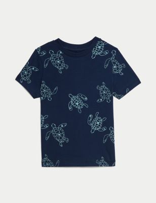 M&S Boy's Pure Cotton Turtle Print T-Shirt (2-8 Yrs) - 3-4 Y - Navy Mix, Navy Mix