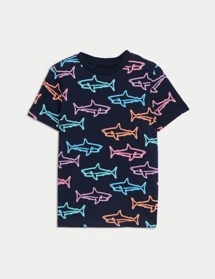 M&S Boy's Pure Cotton Shark Print T-Shirt - 3-4 Y - Navy Mix, Navy Mix
