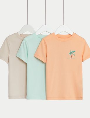M&S Boy's 3pk Pure Cotton T-Shirts (2-8 Yrs) - 3-4 Y - Coral Mix, Coral Mix