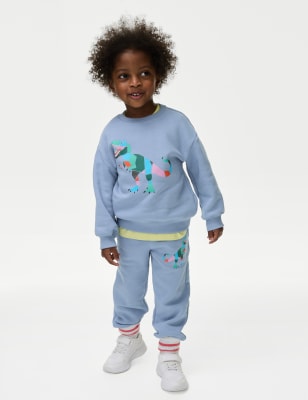 M&S Boys Cotton Rich Dinosaur Joggers (2-8 Yrs) - 5-6 Y - Soft Blue, Soft Blue