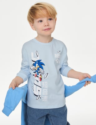 M&S Boys Pure Cotton Sonic The Hedgehog Top (2-8 Yrs) - 3-4 Y - Light Blue, Light Blue