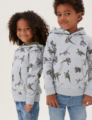 

M&S Collection Sudadera con capucha de algodón con estampado de dinosaurios de NHM™ (2-12 años) - Grey Mix, Grey Mix
