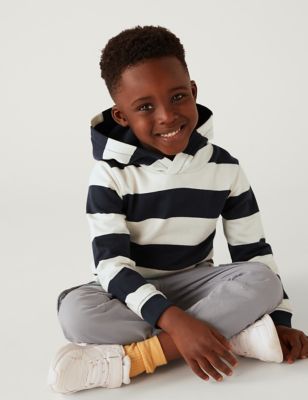M&S Boys Pure Cotton Striped Hoodie (2-8 Yrs) - 2-3 Y - Navy Mix, Navy Mix,Blue Mix,Multi