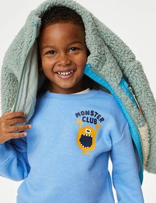 M&S Boys Cotton Rich Monster Club Slogan Sweatshirt (2-8 Yrs) - 6-7 Y - Light Blue, Light Blue
