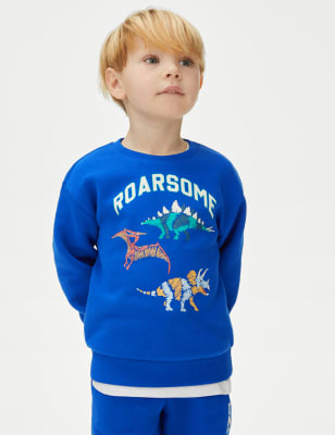 M&S Boy's Cotton Rich Dinosaur Sweatshirt (2-8 Yrs) - 3-4 Y - Blue, Blue