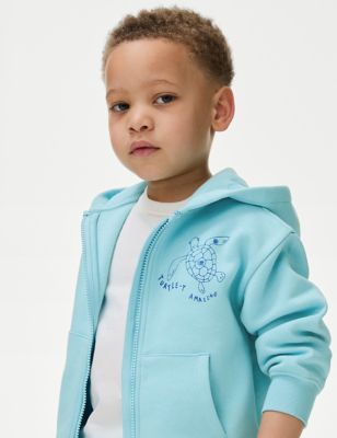 M&S Cotton Rich Turtle Zip Hoodie (2-8 Yrs) - 2-3 Y - Turquoise, Turquoise