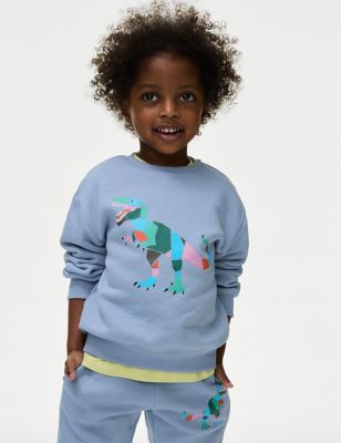 M&S Boy's Cotton Rich Dinosaur Sweatshirt (2-8 Yrs) - 3-4 Y - Soft Blue, Soft Blue