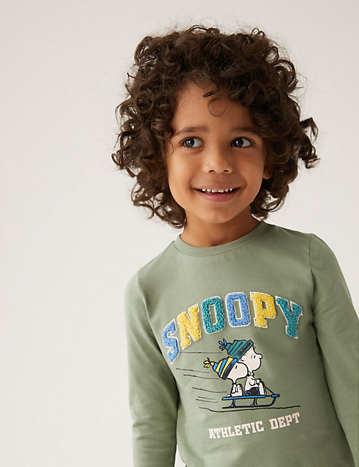 Marks And Spencer Boys M&S Collection Pure Cotton Snoopy Top (2-7 Yrs) - Soft Green
