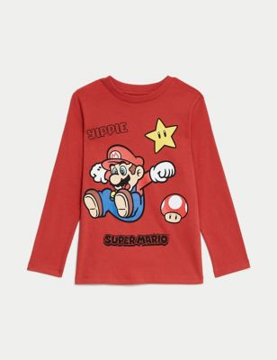 M&S Boys Pure Cotton Super Mario Brothers Top (2-8 Yrs) - 3-4 Y - Red, Red