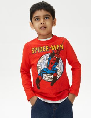 M&S Boy's Pure Cotton Spider-Man Top (2-8 Yrs) - 3-4 Y - Red, Red