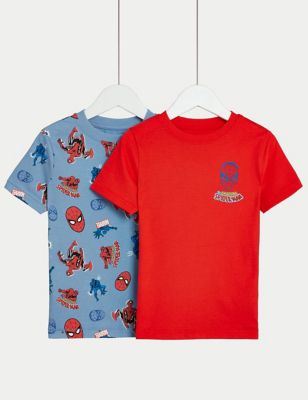 M&S Boys 2pk Pure Cotton Spider-Mantm T-Shirts (2-8 Yrs) - 2-3 Y - Red Mix, Red Mix