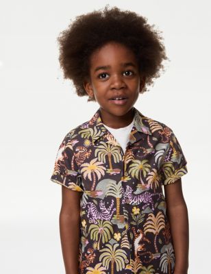 M&S Boy's 2pc Cotton Rich Safari Shirt & T-Shirt Set (2-8 Yrs) - 2-3 Y - Charcoal Mix, Charcoal Mix