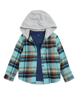 

Boys M&S Collection Cotton Rich Checked Hooded Shirt (2-7 Yrs) - Dusted Aqua, Dusted Aqua