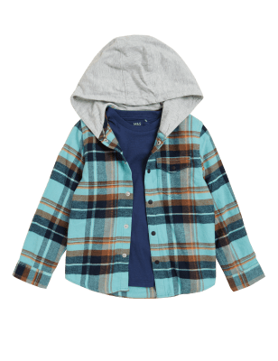 

Boys M&S Collection Cotton Rich Checked Hooded Shirt (2-7 Yrs) - Dusted Aqua, Dusted Aqua