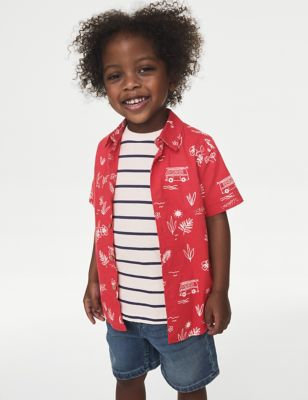 M&S Boys 2pc Summer Print T-Shirt & Shirt Outfit (2-8 Yrs) - 3-4 Y - Red Mix, Red Mix