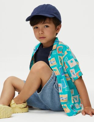 M&S Boy's 2pc Cotton Rich Postcard Shirt & T-Shirt Set (2-8 Yrs) - 2-3 Y - Aqua Mix, Aqua Mix