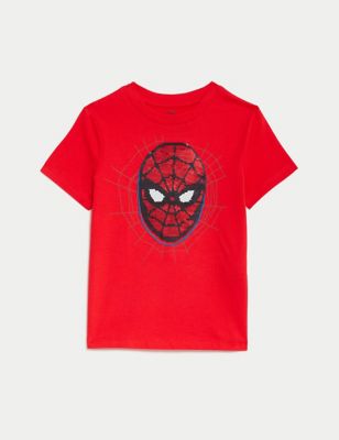 M&S Boy's Pure Cotton Sequin Spider-Man T-Shirt (2-8 Yrs) - 2-3 Y - Red, Red