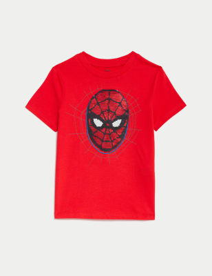 M&S Boy's Pure Cotton Sequin Spider-Man T-Shirt (2-8 Yrs) - 2-3 Y - Red, Red