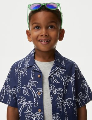 M&S Boys 2pc Cotton Rich Palm Print Shirt & T-Shirt (2-8 Yrs) - 2-3 Y - Navy Mix, Navy Mix