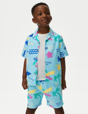 M&S Boys 2pc Pure Cotton Holiday Shirt & T-Shirt Set (2-8 Yrs) - 2-3 Y - Aqua Mix, Aqua Mix