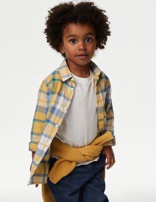 M&S Boy's 2pc Cotton Rich Checked Shirt and T-Shirt (2-8 Yrs) - 2-3 Y - Yellow Mix, Yellow Mix,Blue 