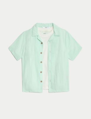 M&S Boy's Pure Cotton Shirt and T-Shirt Set (2-8 Yrs) - 3-4 Y - Mint, Mint,Fresh Blue,Spice,White,Ye