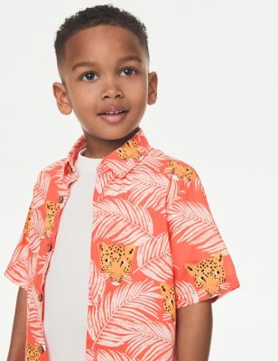 M&S Boy's 2pc Cotton Rich Leopard Shirt and T-Shirt (2-8 Yrs) - 7-8 Y - Coral, Coral