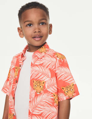 M&S Boys 2pc Cotton Rich Leopard Shirt and T-Shirt (2-8 Yrs) - 2-3 Y - Coral, Coral