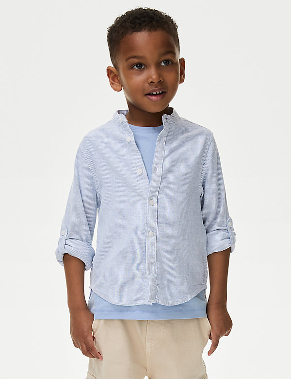高含棉卷袖开襟领衬衫（2-8 岁） - SG