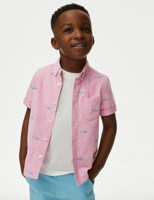 M&S Boy's Pure Cotton Shark Embroidered Oxford Shirt (2-8 Yrs) - 3-4 Y - Pink Mix, Pink Mix
