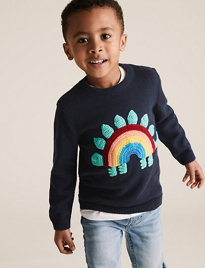 Pure Cotton Knitted Dinosaur Rainbow Jumper