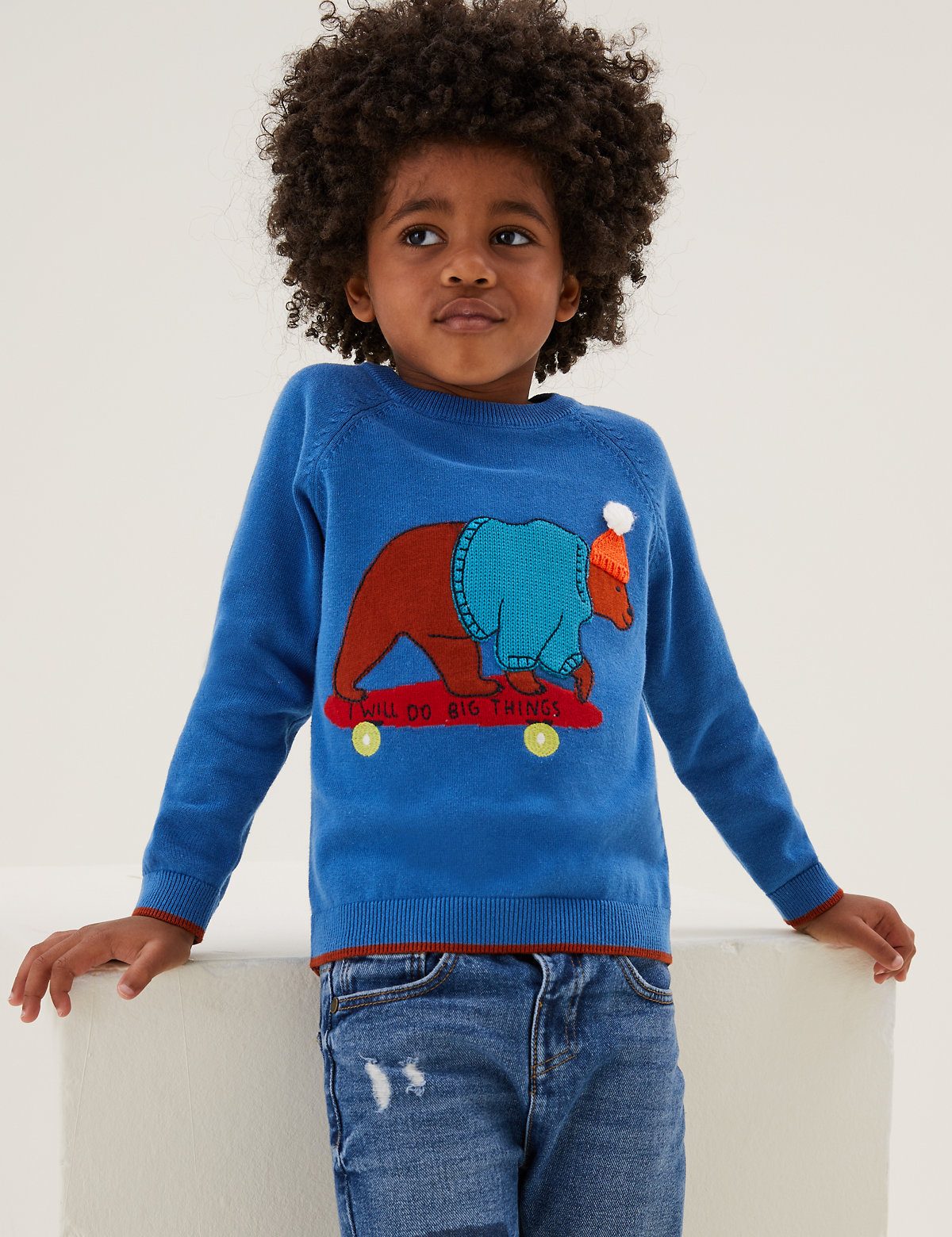 Pure Cotton Skating Bear Knitted Jumper (2-7 Yrs)