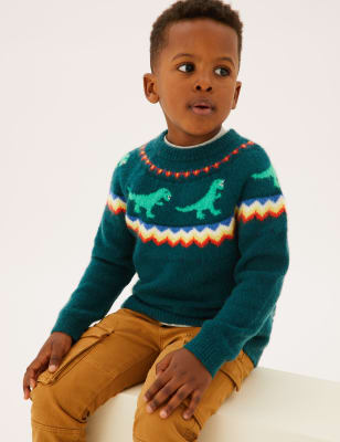 

M&S Collection Jersey de punto Fair Isle con diseño de dinosaurio (2-7 años) - Petrol Green, Petrol Green