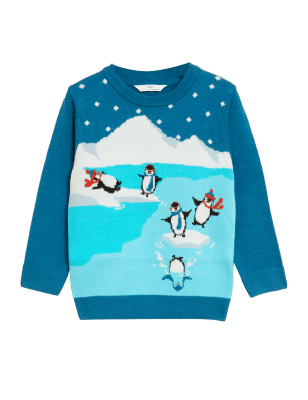 

M&S Collection Mini Me - Jersey navideño con diseño de pingüinos (2-7 años) - Blue Mix, Blue Mix