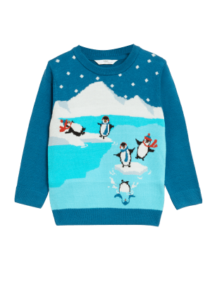 

Boys M&S Collection Mini Me Penguin Christmas Jumper (2-7 Yrs) - Blue Mix, Blue Mix