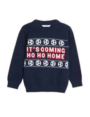 Boys M&S Collection Mini Me Pure Cotton Football Christmas Jumper - Navy